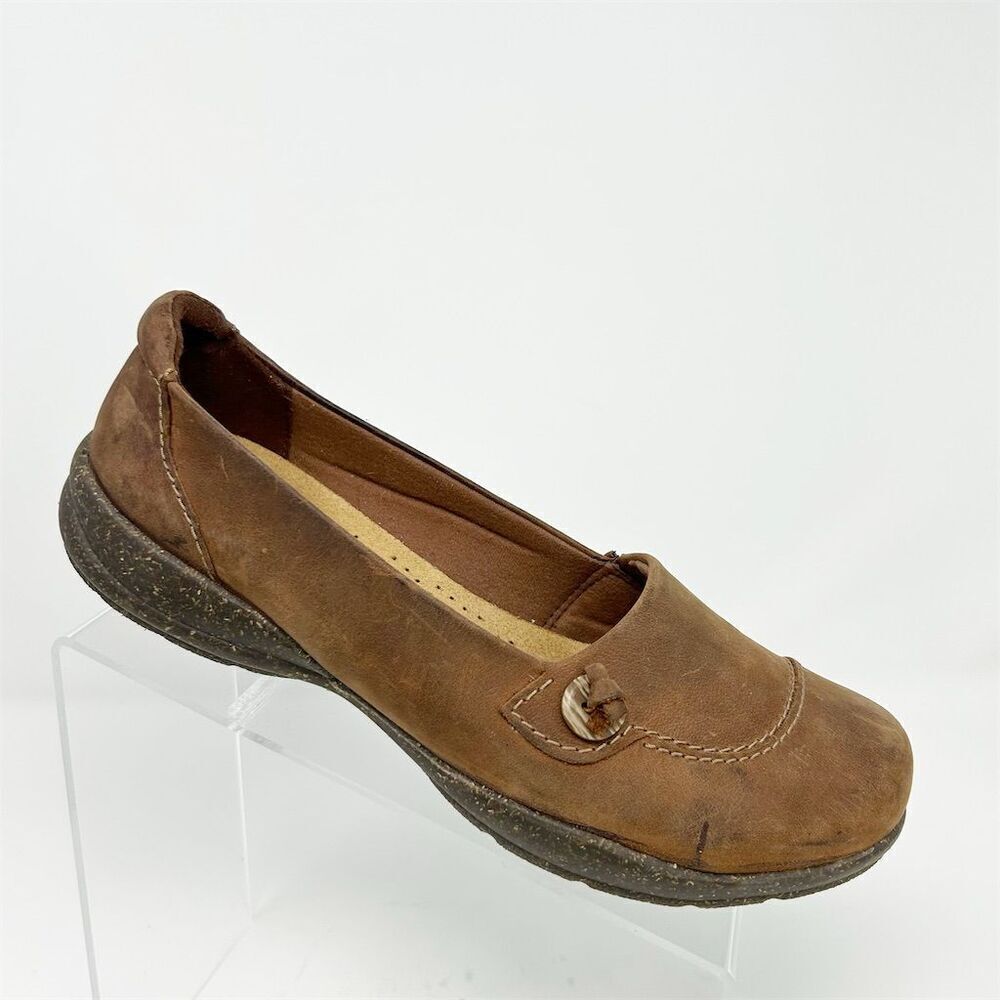Clarks Women's Roseville Sky Brown Leather Slip-On Loafers Size 10 Wide Comfort